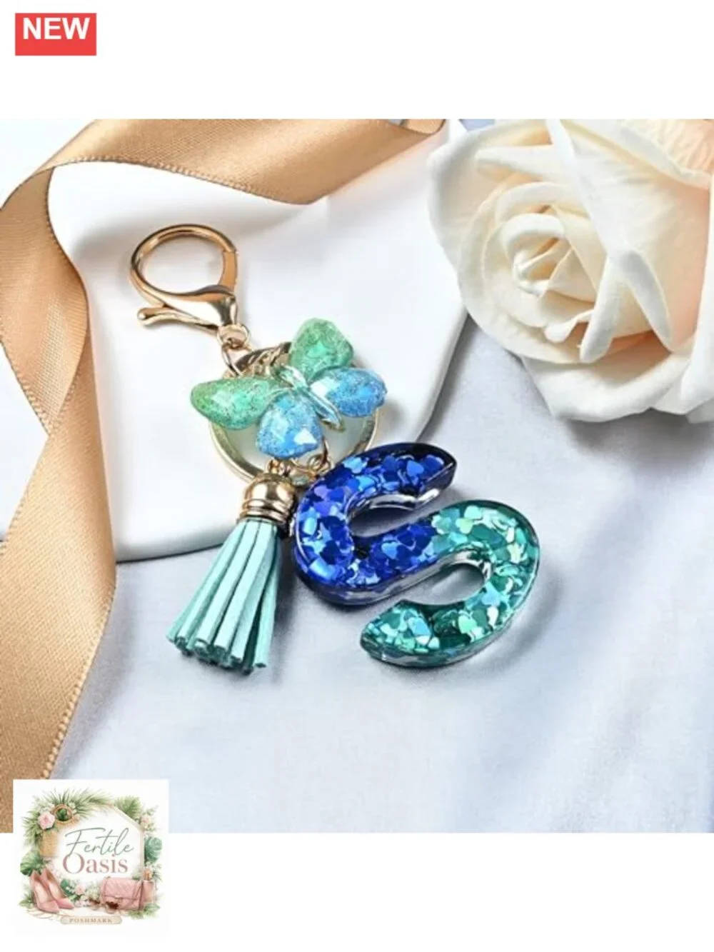 Butterfly Initial Letter Keychain Bag Charm Women Resin Tassel Accessory